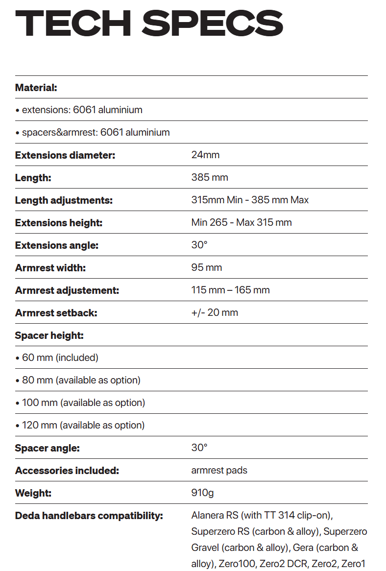 PPRO-TT314 Tech Specs DEDA Para Pro extensions kit for TT314